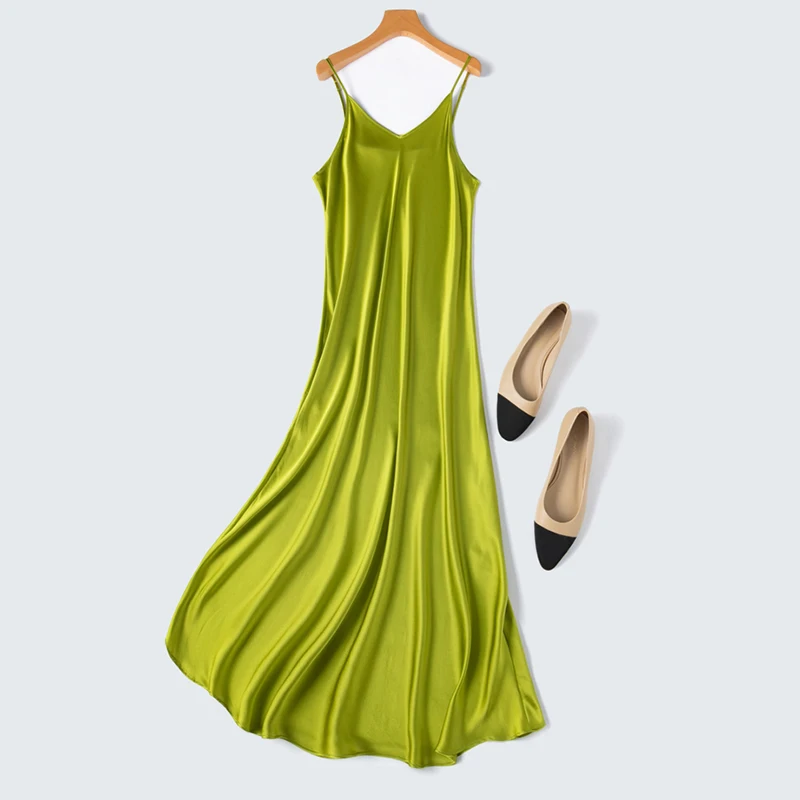 100% Mulberry Silk 21 momme Charmeuse Silk Women Chemise Dress Solid Colors Spaghetti Straps Slip Dress Summer Beach L XL M1333