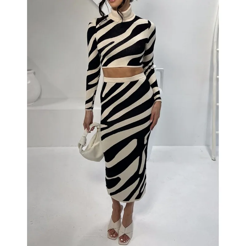 

Autumn Knitted Skirts Two 2 Pieces Set Striped Zebra Long Sleeve Turtleneck Sweater Pullover Long Hip Skirt Suits Winter Casual