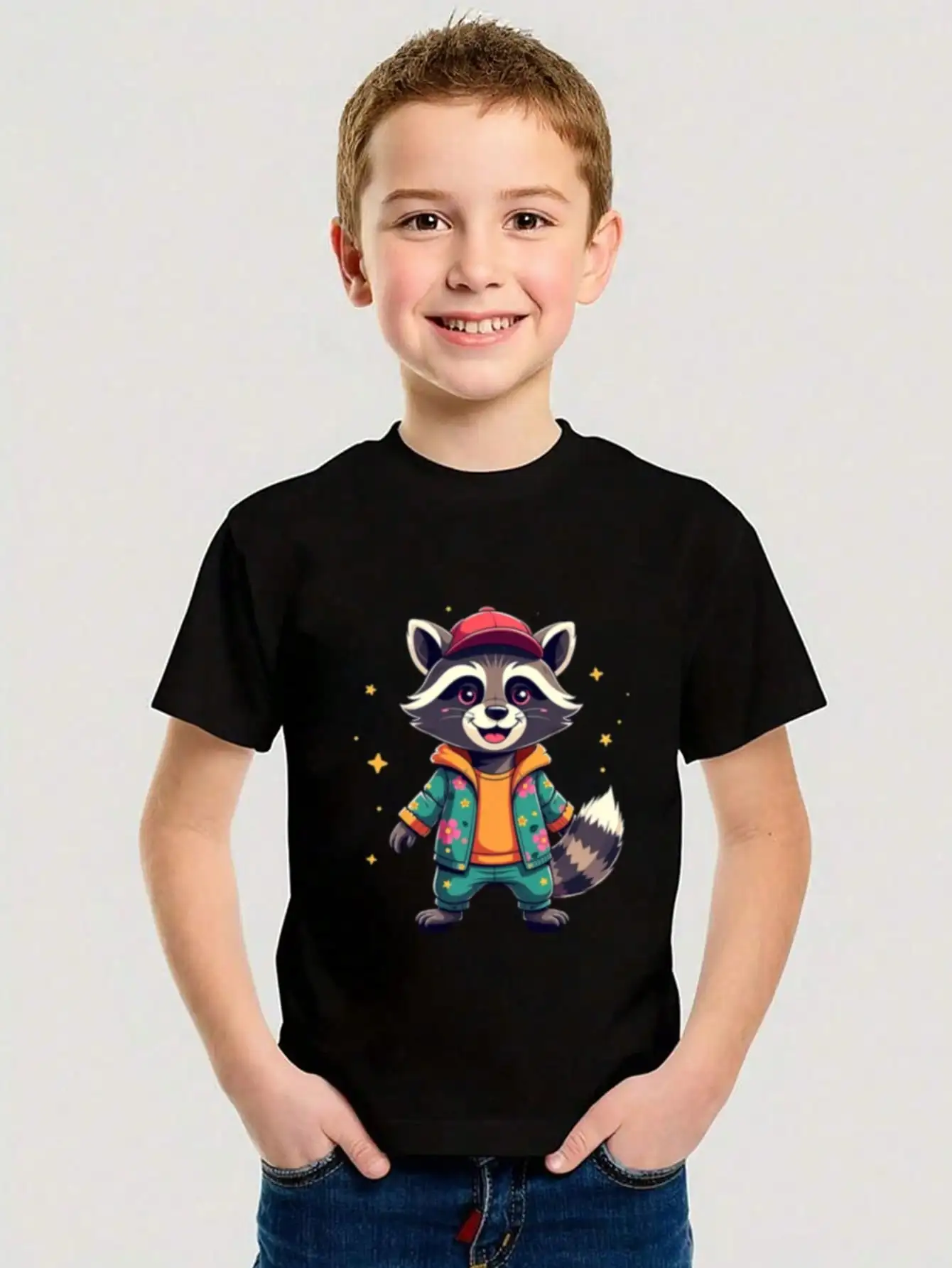 

Boys/Girls Summer Cute Raccoon Cotton Graphic Tees, Black Casual Style Summer Tops With Cartoon Animal Design