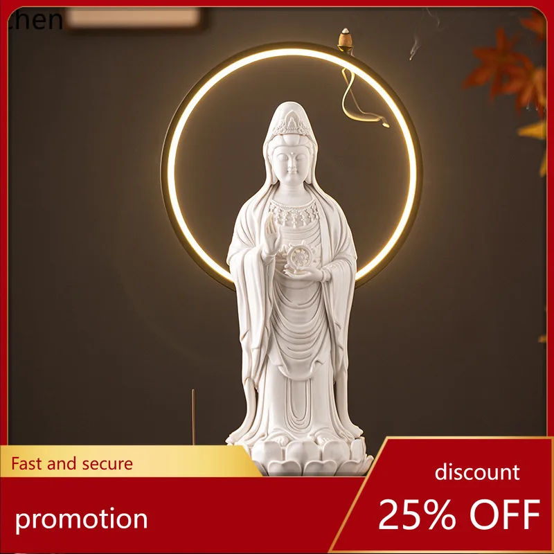 Statue de Bouddha Guanyin Bodhisattva en céramique Cz, statue debout, grande compassion, porcelaine blanche pour la vénération à domicile