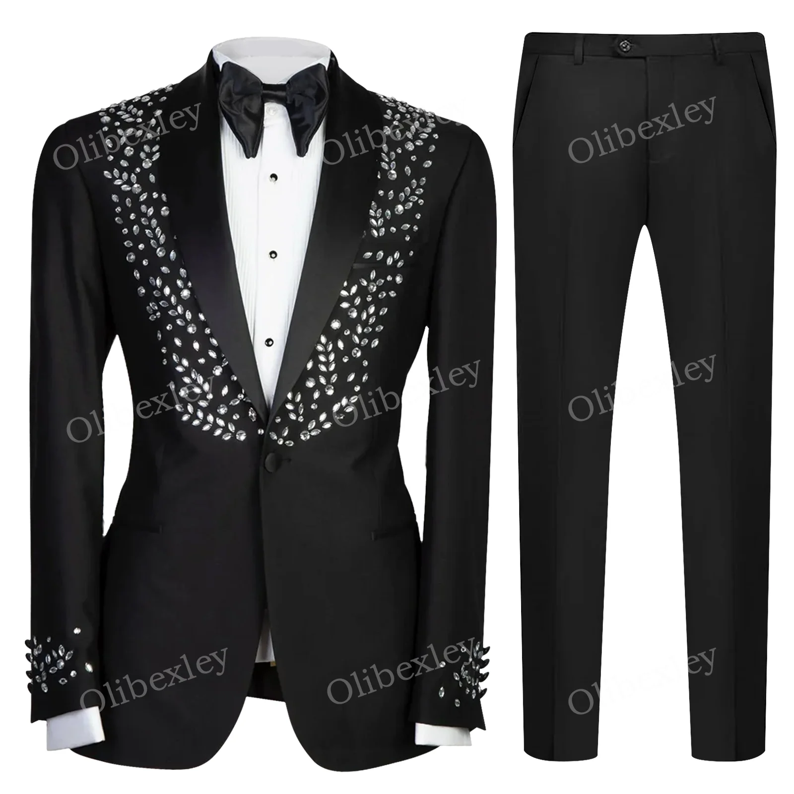

Olibexley Men's Suits High Quality 2 Pieces Sets Beaded Crystals One Button Slim Fit Wedding Prom Business Dinner Prom