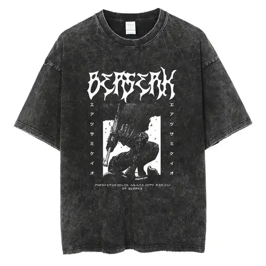 Japanese Anime Berserk Retro Washed T-shirt Men and Women New Summer Harajuku Clothing Casual Round Neck Short Sleeved Top