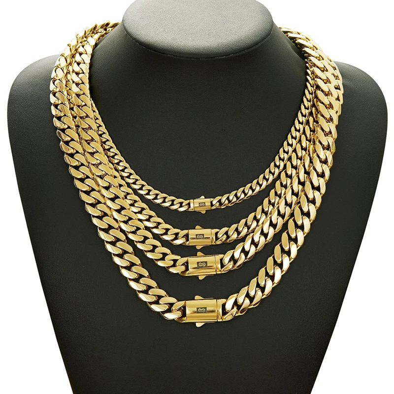 6-14mm Gold Color Stainless Steel Cuban Miami Link Chains Necklaces for Men Hip Hop Rapper Jewelry