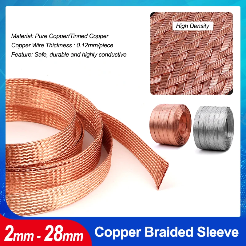 

Expandable Copper Braided Sleeve Tinned Plating Width 2mm ~ 28mm Screening Signal Wire Protection Cable Shielded Metal Sheath
