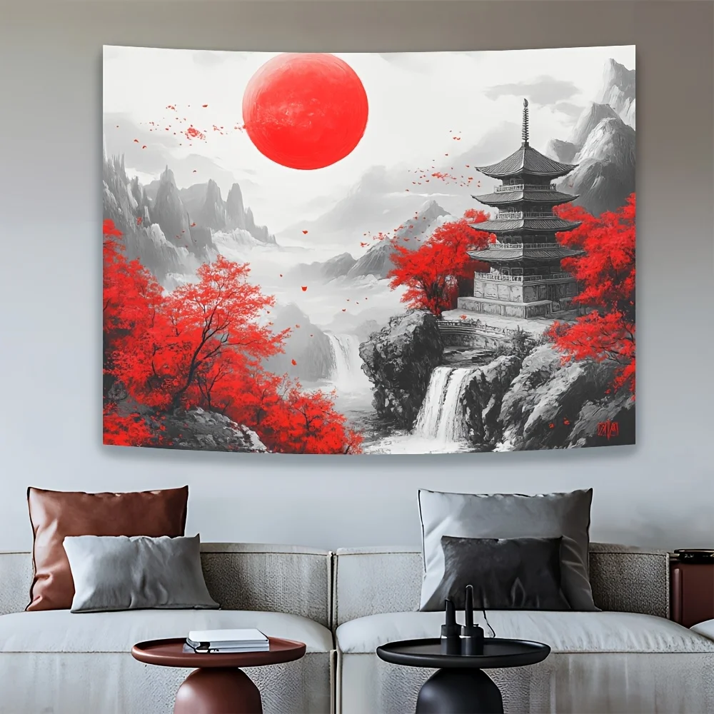 1pc Red Moon Ink Landscape Pagoda Pattern Tapestry, Machine Washable Polyester, Suitable for Bedroom and Living Room Decoration