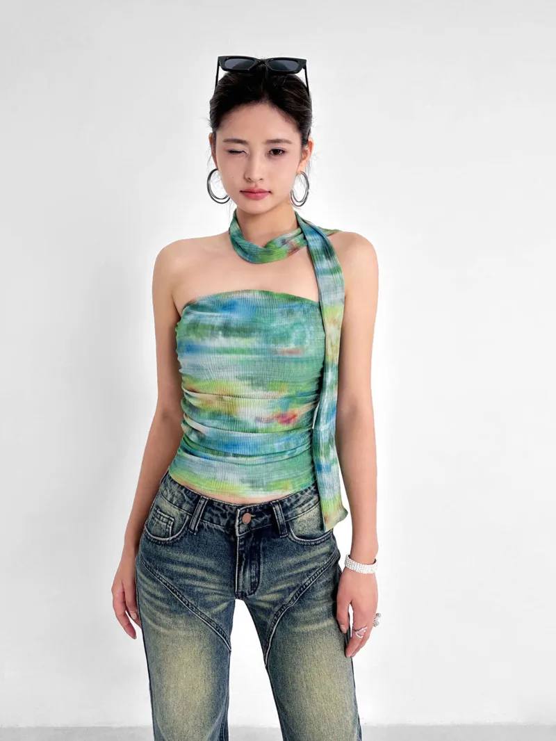 Women's 2024 Summer One Shoulder Tie Dye Strapless Design Sense Spicy Girls External Wear Slim Pleated Print Lace Up Top C803