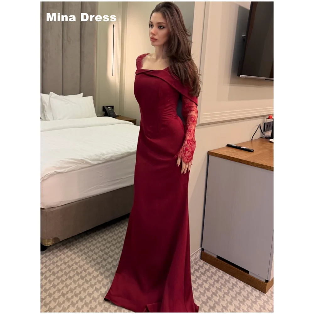 Mina Customized Wine Red Elegant Night Dresses for Special Occasions Lace Embroidered Long Sleeves Formal & Evening Gowns Party