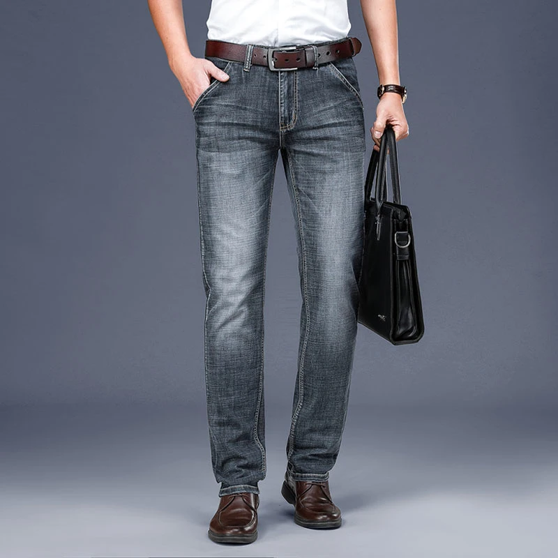 Men's High Quality Business Jeans Classic Fashion Straight Leg Loose Casual Pants Elastic High Quality Zipper Middle Waist Jeans