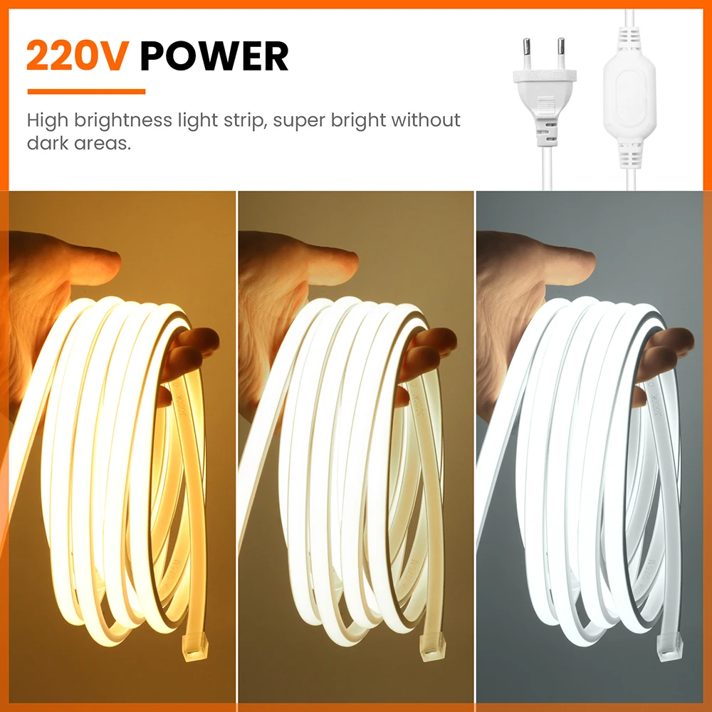 220V Dimmable COB LED Switch Neon Strip Light IP68 Waterproof EU Plug Kit Flex Lamp 288LED White Natural Warm Home Decor 0.5m 5m