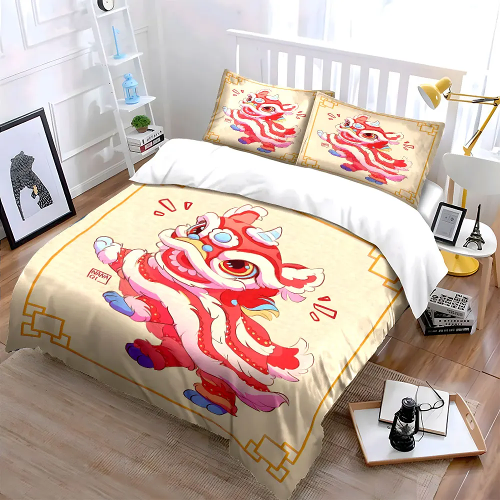 Festive Red Lion Dance Cartoon Print Bedding Set 1 Duvet Cover 2 Pillowcases for Adult and Children Luxury Gift Full Size