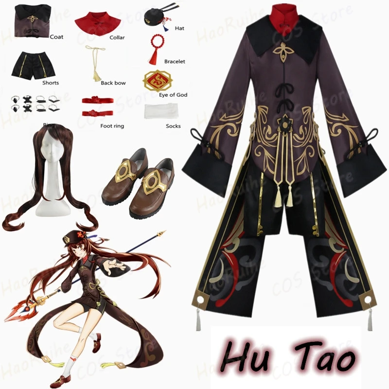 

High Quality Gaming Genshin HuTao Cosplay Adult Suit With Wig Hat Ring Shoes Halloween Rave Party Dress Up