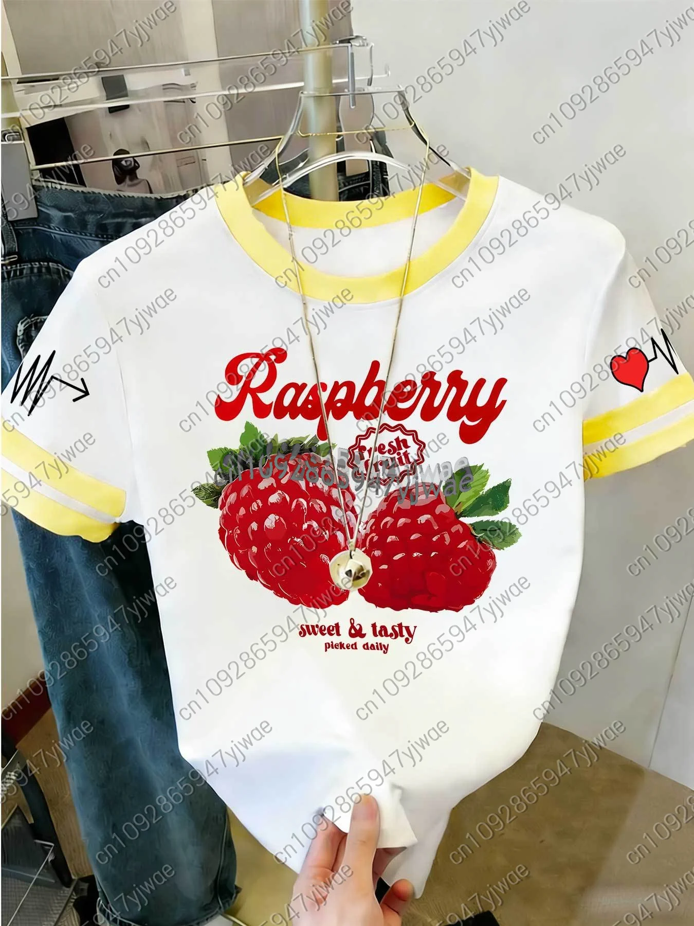 2026 Damen Kurzarm Colorblock T-Shirt mit Himbeer-Print im Y2K-Stil, Rundhals-Oberteil für Outdoor-Sport, Erwachsenen-Damen-T-Shirt – Detail 5