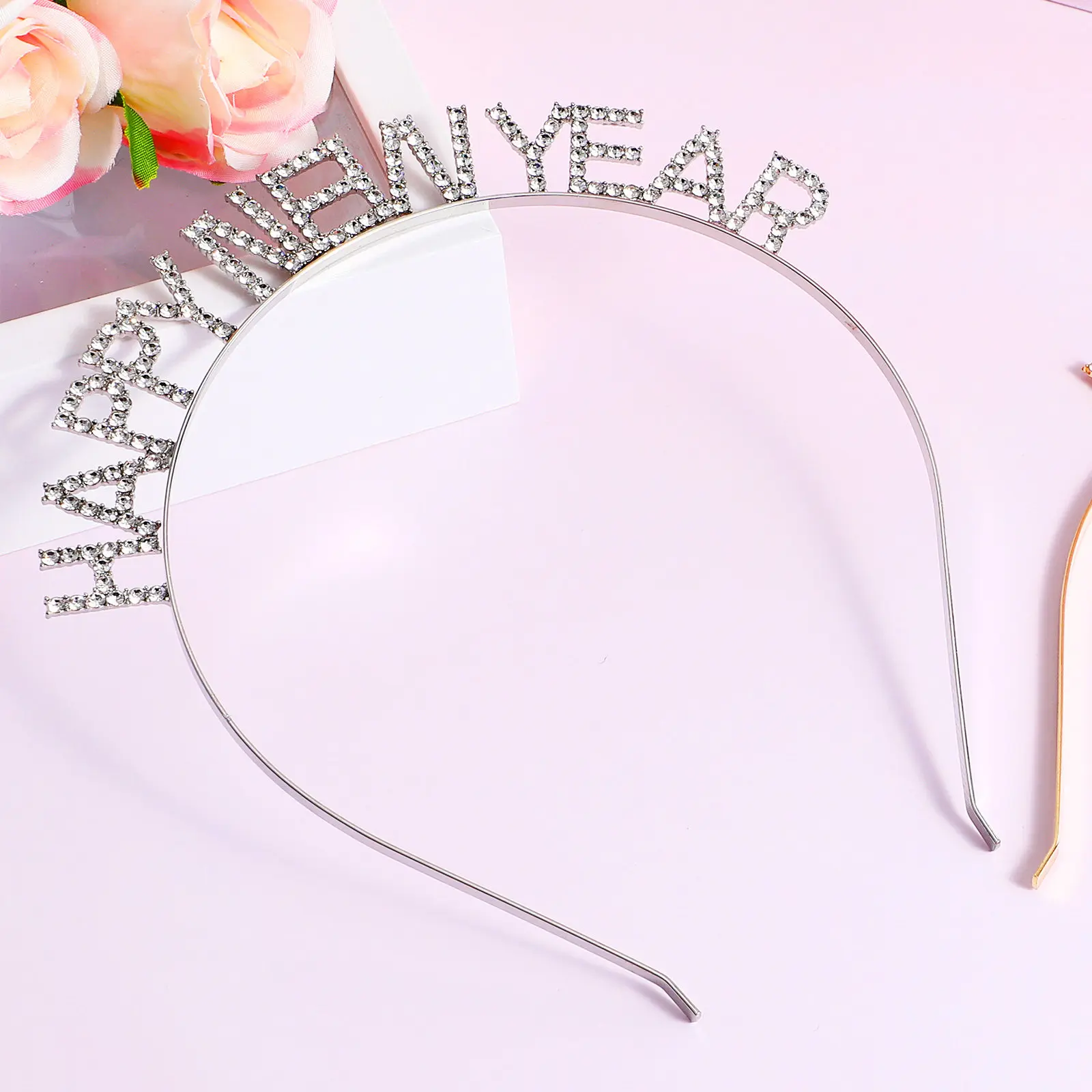 

2Pcs Stylish Happy New Year Letter Rhinestone Headband Festive Party Hair Hoops for Holiday Celebration Women Fashion Accessory