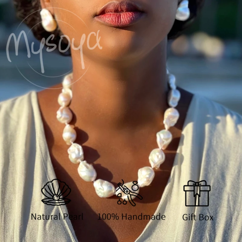 

MYSOYA 14-17mm Natural White Baroque Pearl Necklace For Women And Men With Gift Box Birthday Anniversary Wedding Jewelry Gift