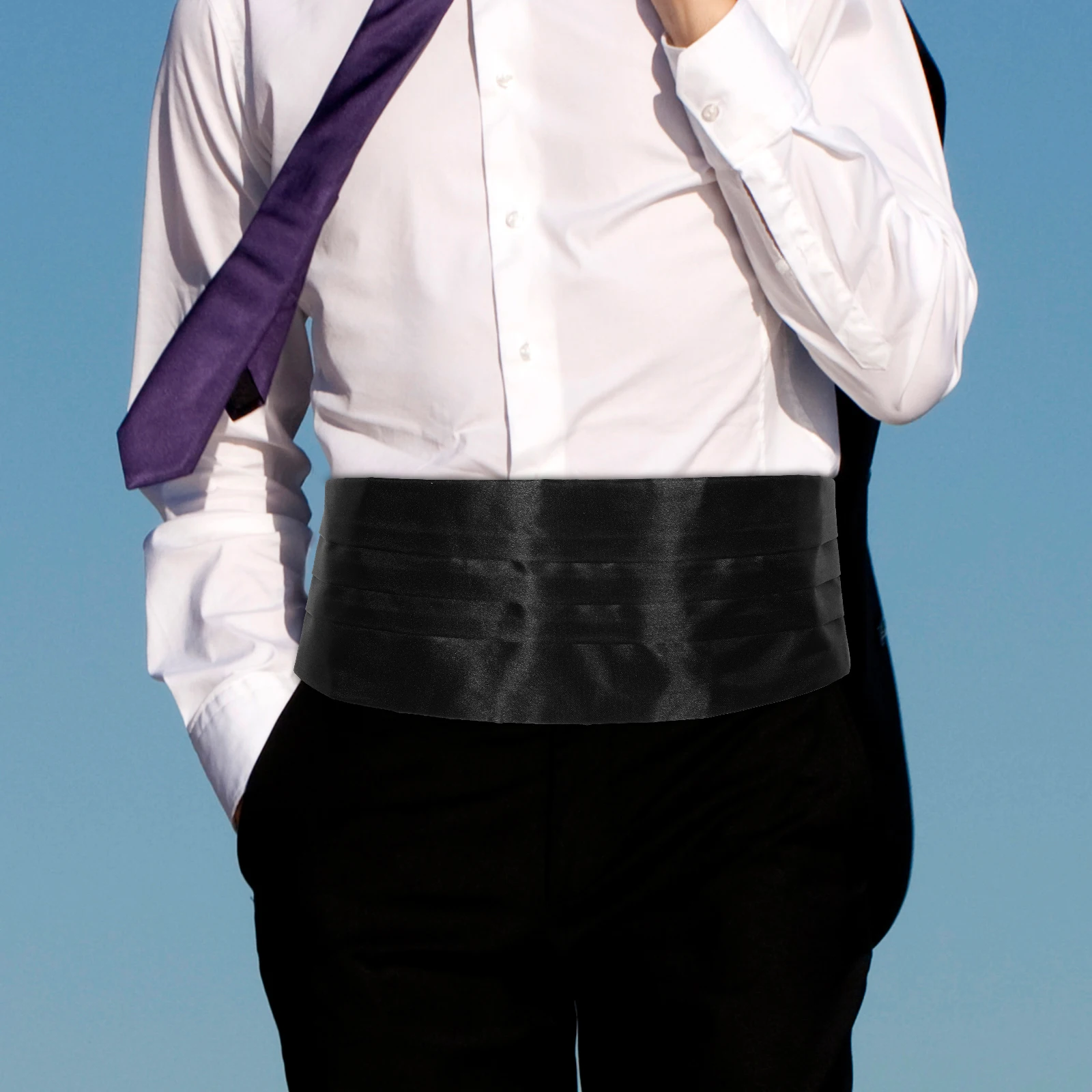 

Men Satin Cummerbund Bow Tie Pocket Square Set Adjustable Formal Wedding Black Tuxedo Accessories Night Party Elegant Gift Box