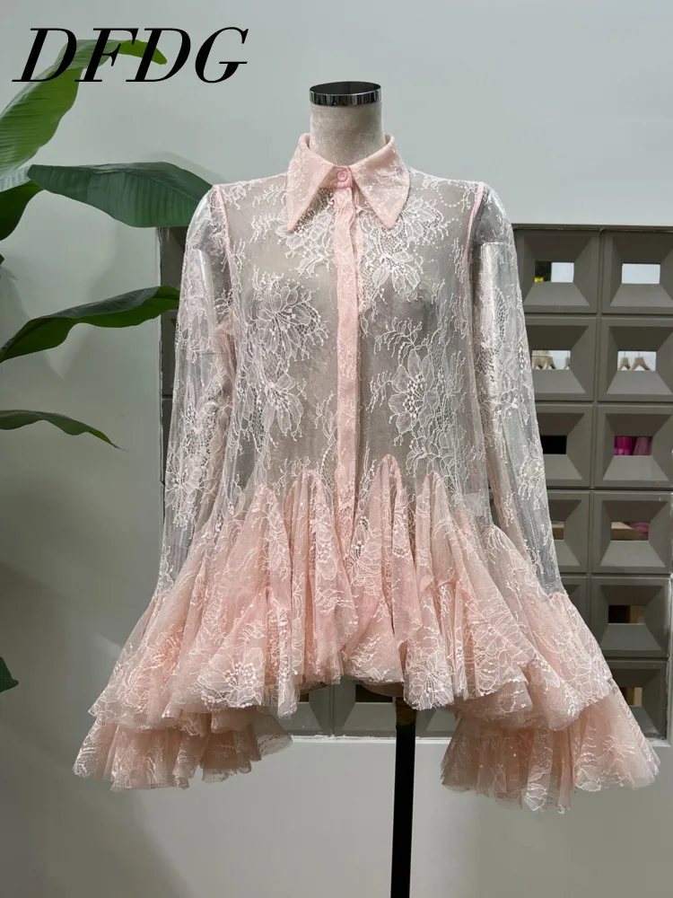 DFDG Women’s Designer Sheer Lace Blouse With Sequin Floral Cut Out Lapel Long Bell Sleeve Spring And Summer Elegant Shirt