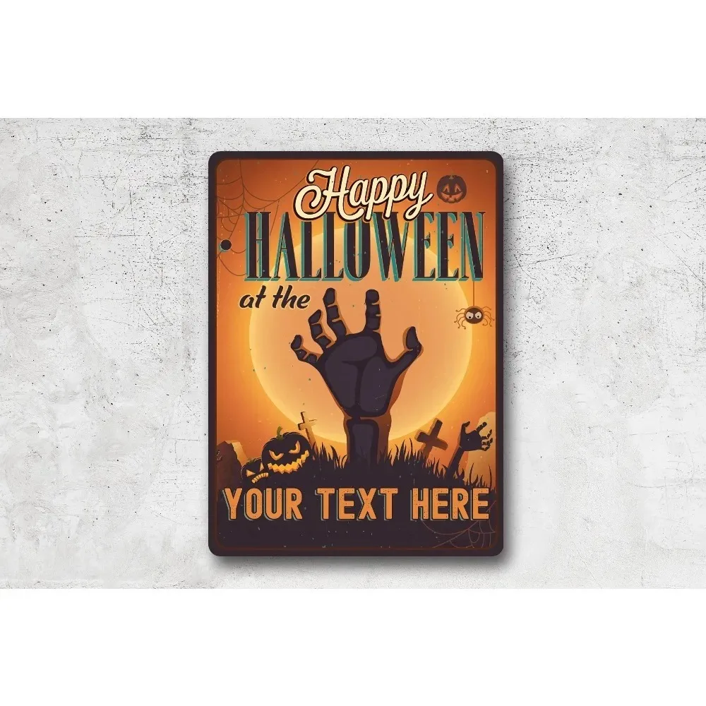 CIFbuy 2D Flat Halloween Metal Plaque Custom Family Name Zombie Hand Pumpkin Wall Ornament