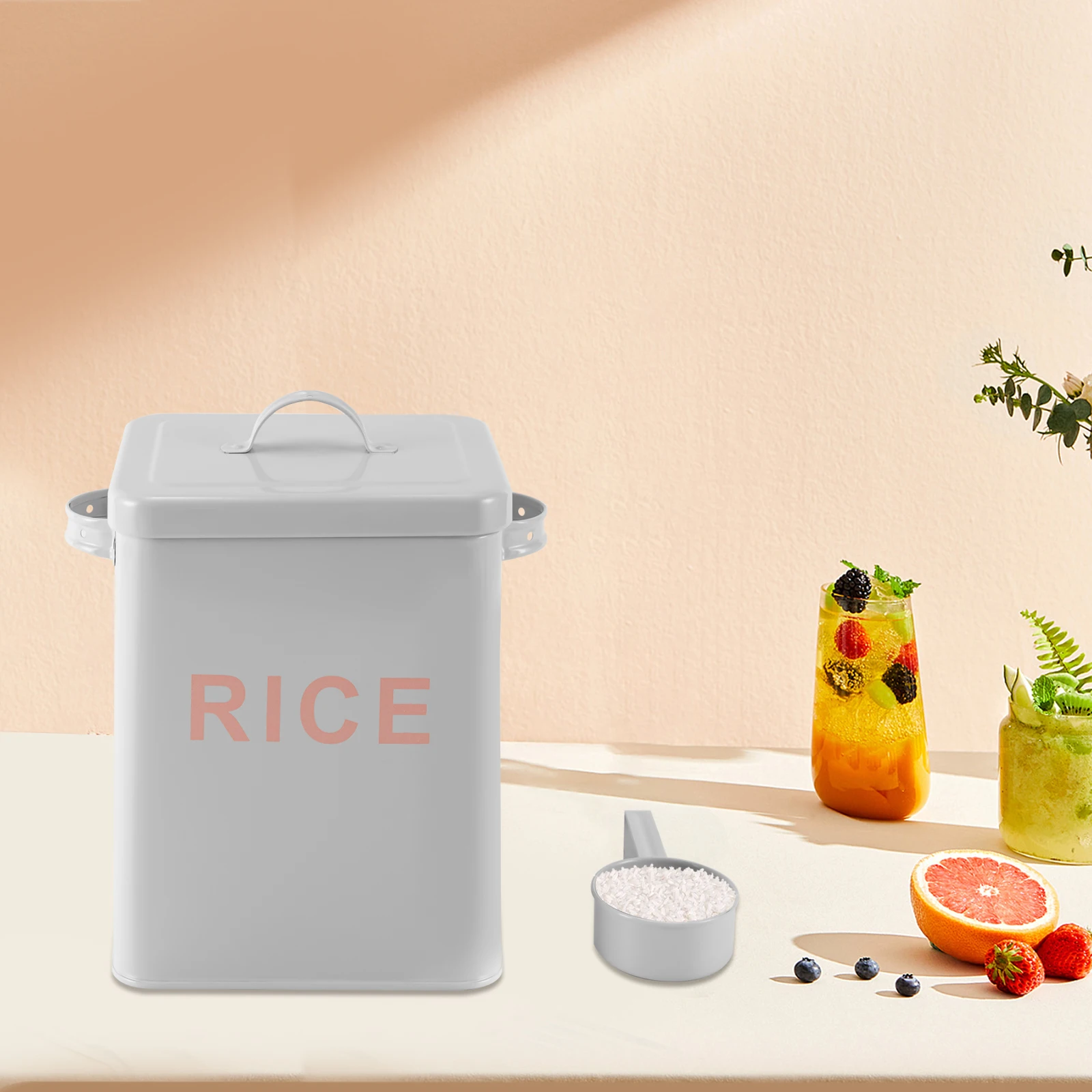 

6L Metal Rice Storage Container, Square Rice Canister with Lid and Measuring Scoop, Countertop Sealed Food Storage Container