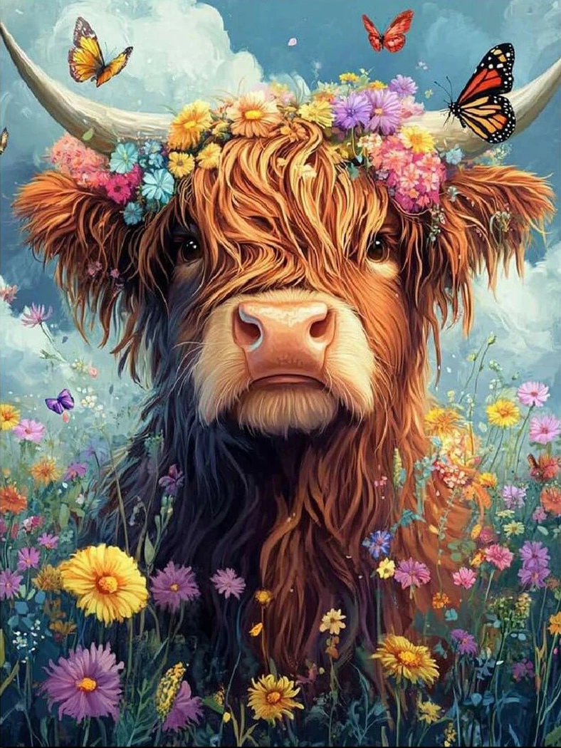 Flower Crown Highland Cow 5D Diamond Painting, Cross Stitch, Mosaic Kit - Floral Butterfly Farm Animal Art DIY Wall Decor
