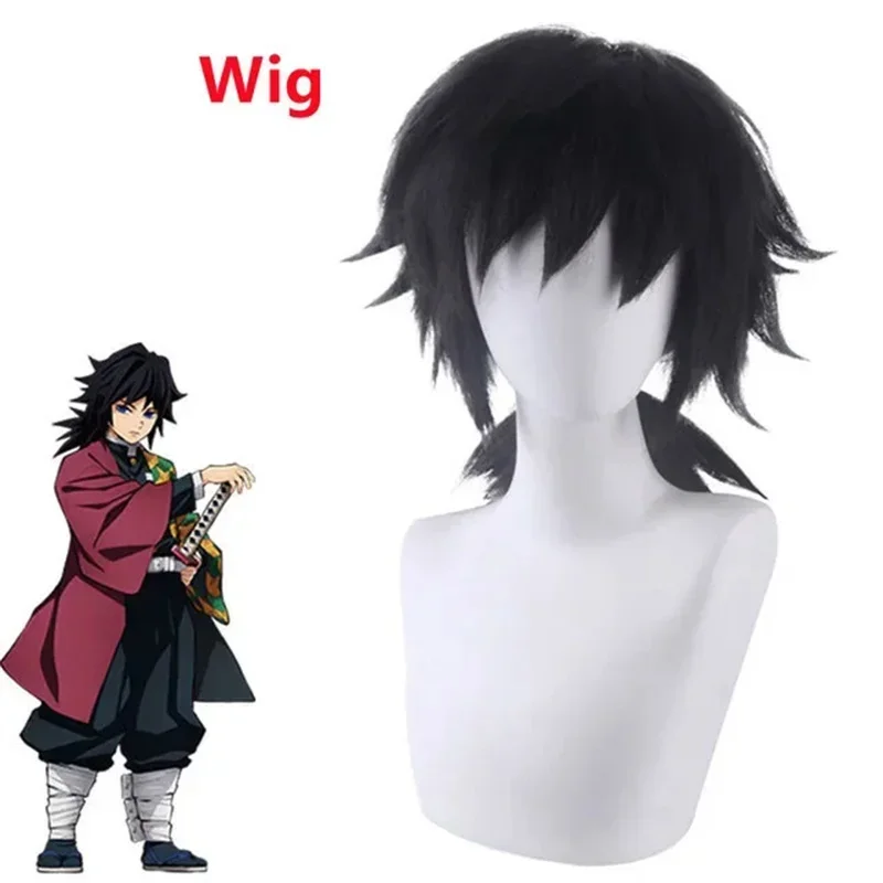 Anime Tomioka Giyuu Cosplay Wig Long Black Ponytail Shaggy Layered Styling Wig Heat Resistant Synthetic Wigs Halloween