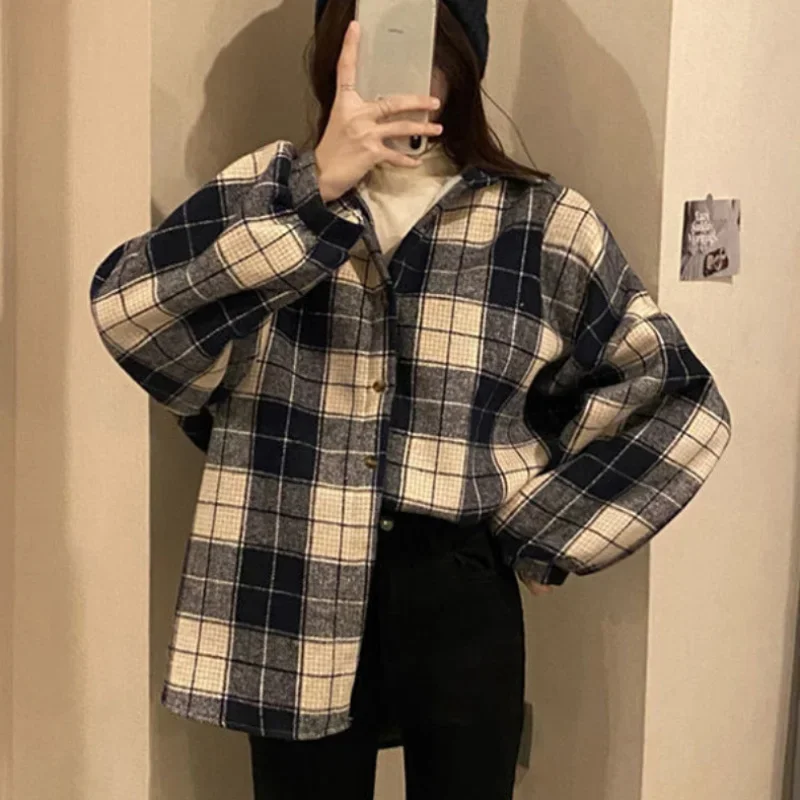 Thick Women Shirts Winter Warm Long Sleeve Vintage Plaid Female Button Up Coffee New Laides Coats Korean Casual Tops