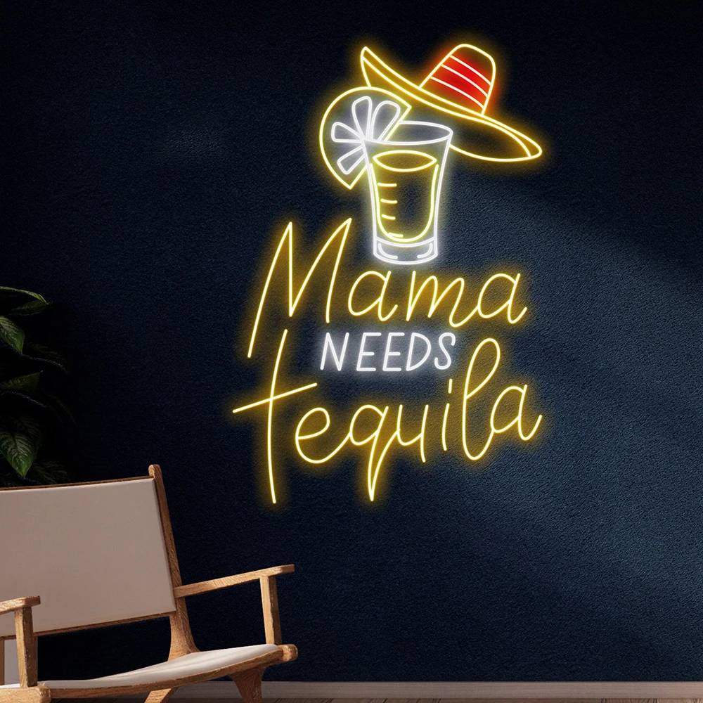 Mama Needs Tequila Mucho Neon Sign Custom Tequila Cocktail Bar Decor Led Light Party Wine Bar Pub Wall Decoration Neon Signs