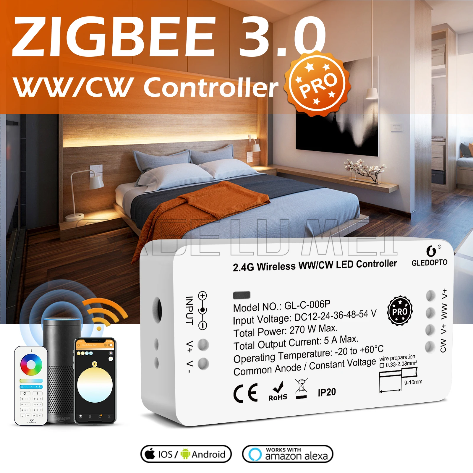 Smart LED Strip Zigbee 3.0 Controller GLEDOPTO RGBCCT Pro Compatible with Hub Tuya SmartThings App 2.4G RF Remote Control Voice