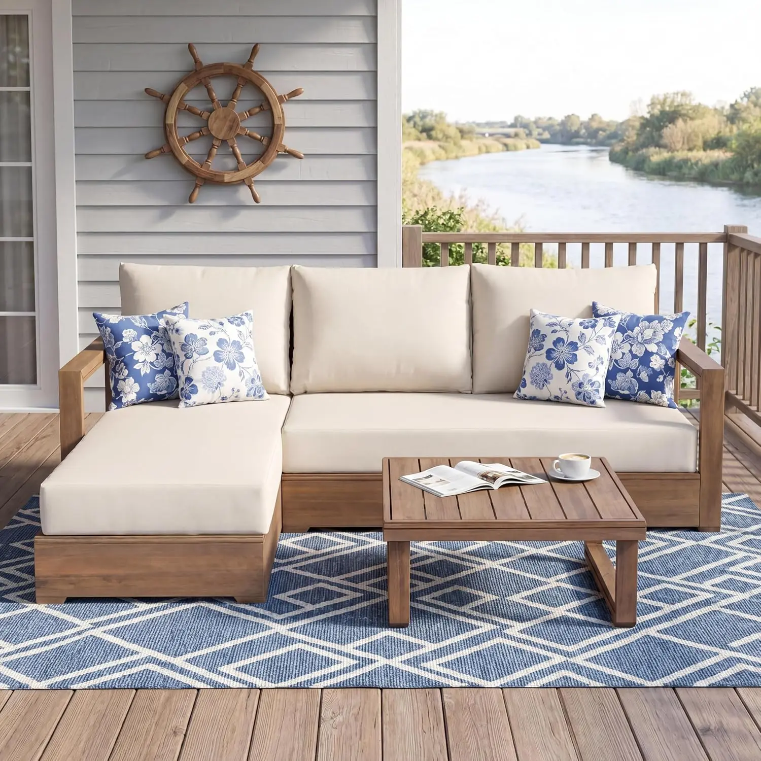 3-Seater L-Shaped Patio Sectional Sofa Set with Coffee Table, Acacia Wood Outdoor Furniture, Floor Seating Modular Couch Set for