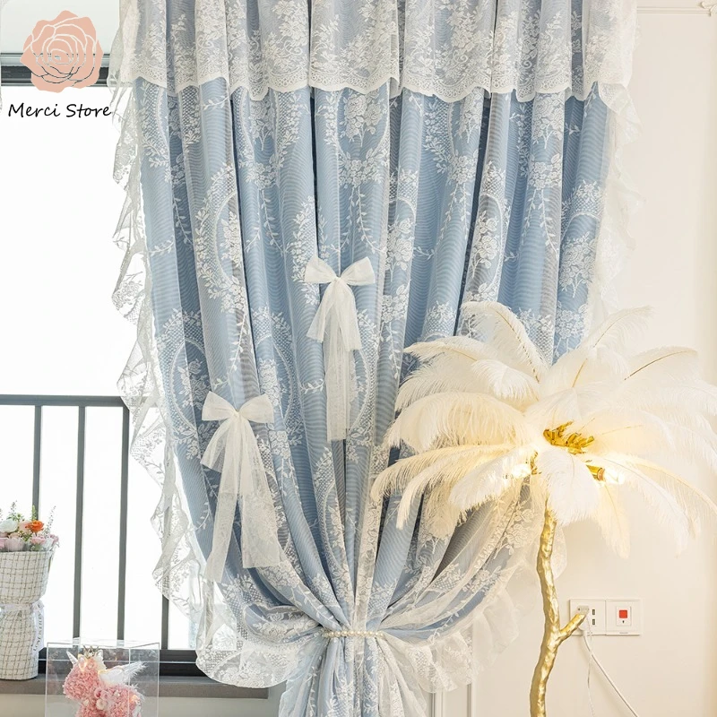 

Blue New Double Layer Gauze Romantic Girls Cream Style Curtains for Bedroom Living Room Rococo Lace Luxury Window Drapes