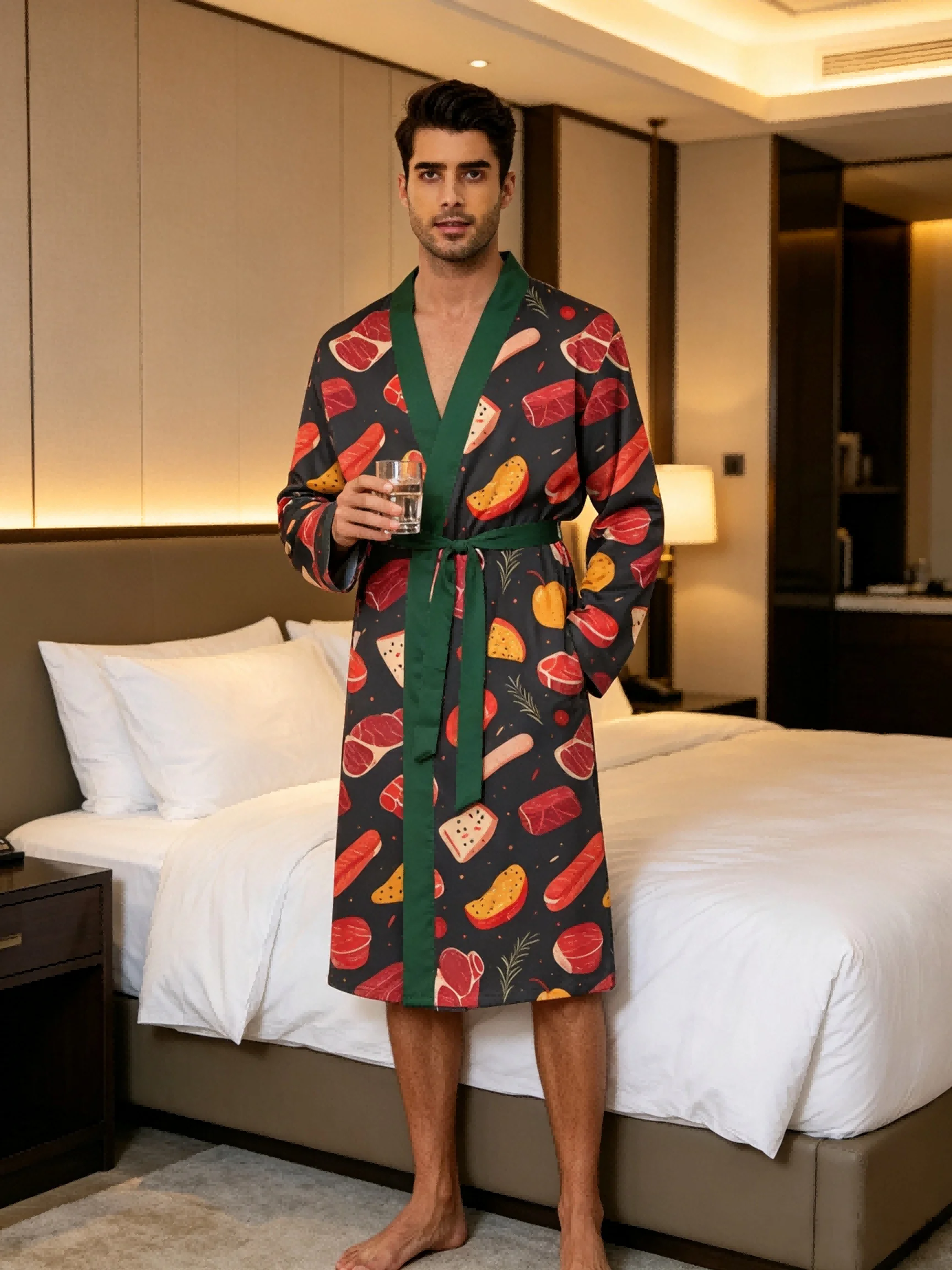 Men's lightweight quick-drying pajama bathrobe - 3D digital printing, non-fading design, stand-up collar and adjustable waistban