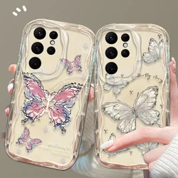 Glitter Metal Butterfly 3D Wave Case For Samsung Galaxy S24 Ultra S23 S22 Plus S21 S20 FE A25 A55 A35 A15 A05 A05S Clear Cover
