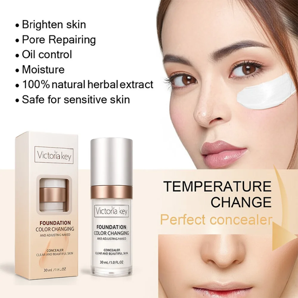 Victoria Key Natural Look Foundation Liquid Temperature Responsive Concealer Waterproof Sweatproof Makeup Base Vacuum Bottle