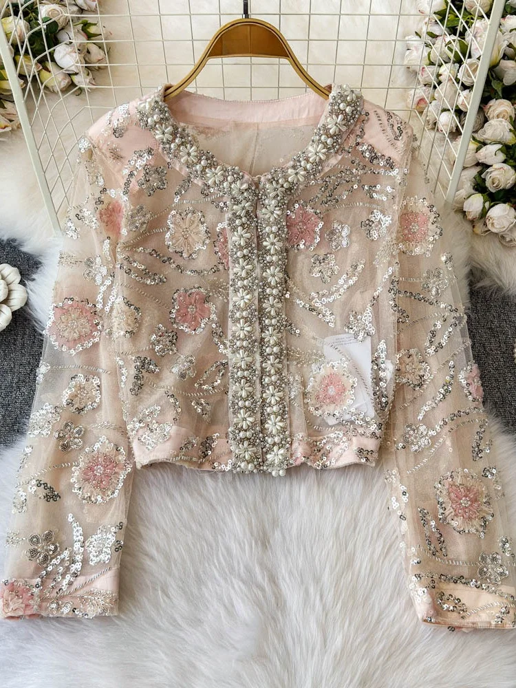 Spring Summer 2025 High-End Pearl Trim Sequin Embroidery Mesh Short Jacket Women's Top Bright Shiny Original Design Loose Fit...
