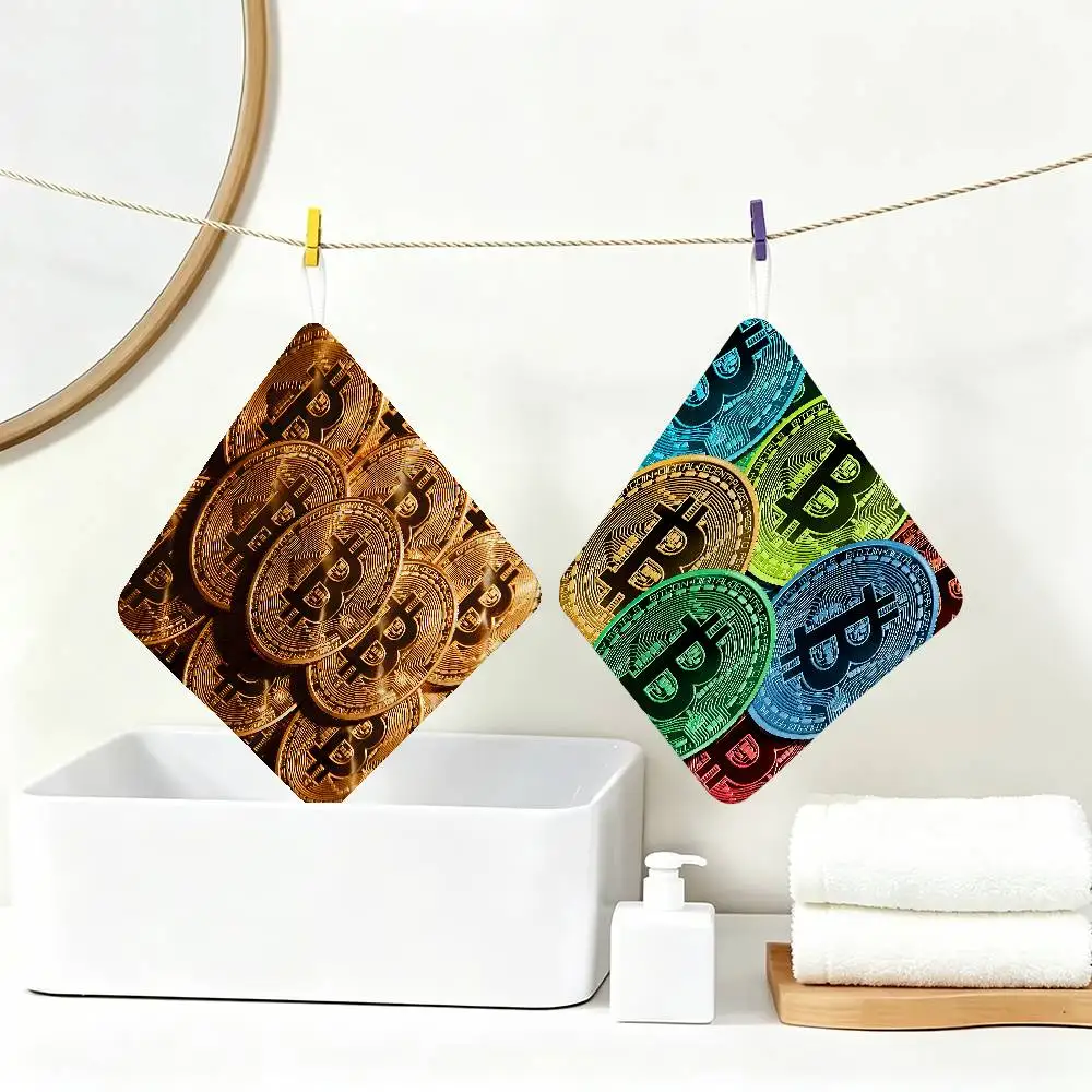 B-Bitcoin Polyester Cotton Hand Wiping Towel, Anti-shrink Hanging Kitchen Cloth for Household Cleaning