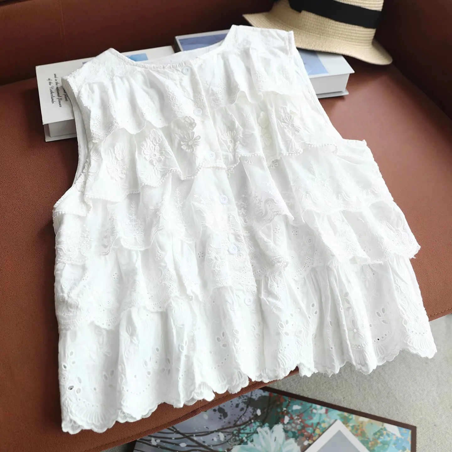 2026 Cottagecore 100% Cotton White Embroidery Tank Top Ladies Multi-Layer Lace Ruffle Sleeveless Loose Boho Blouse