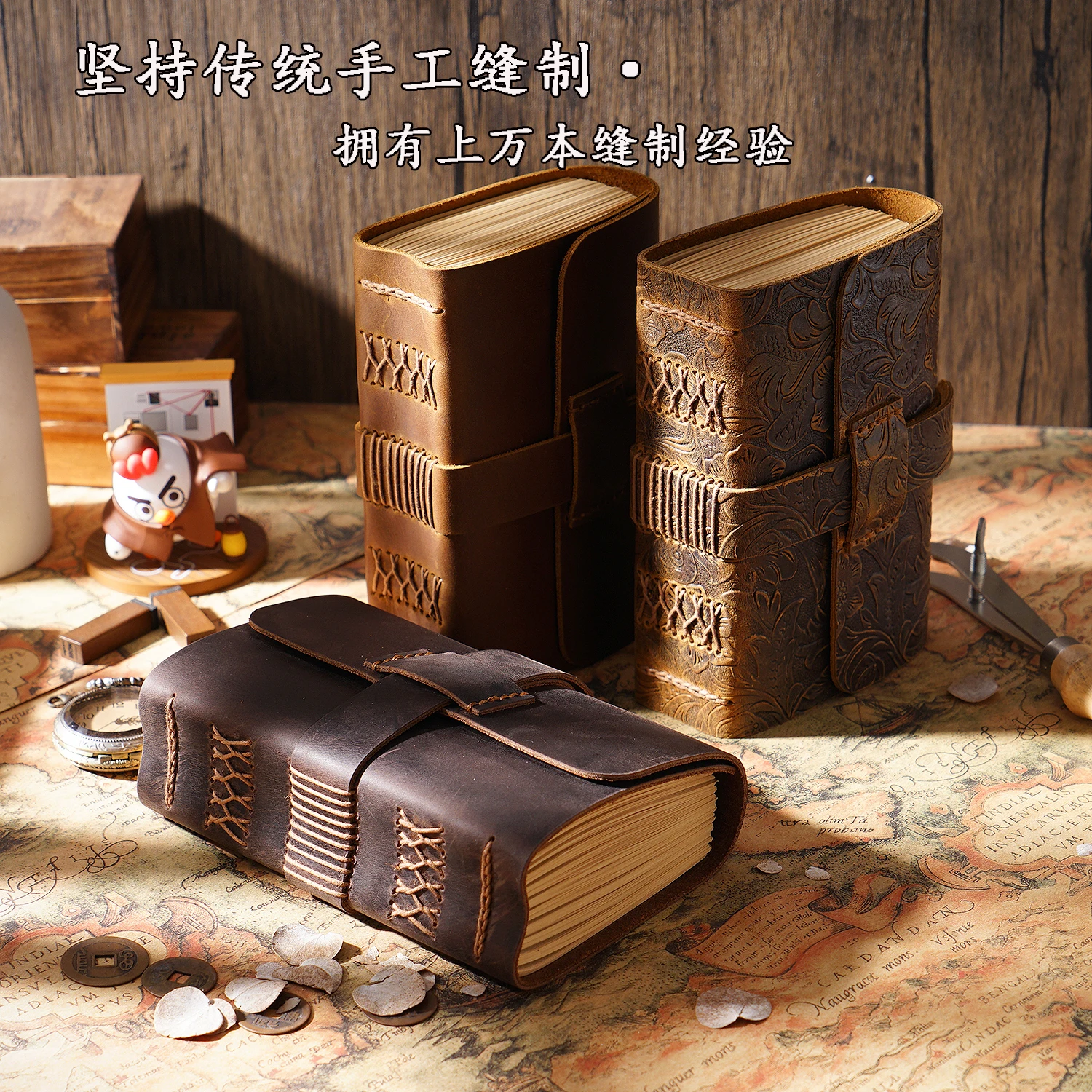 Original Design Top-Grain Leather Journal - Thickened Retro Handcrafted Notebook with Kraft Paper, Vintage Diary for Writing & N