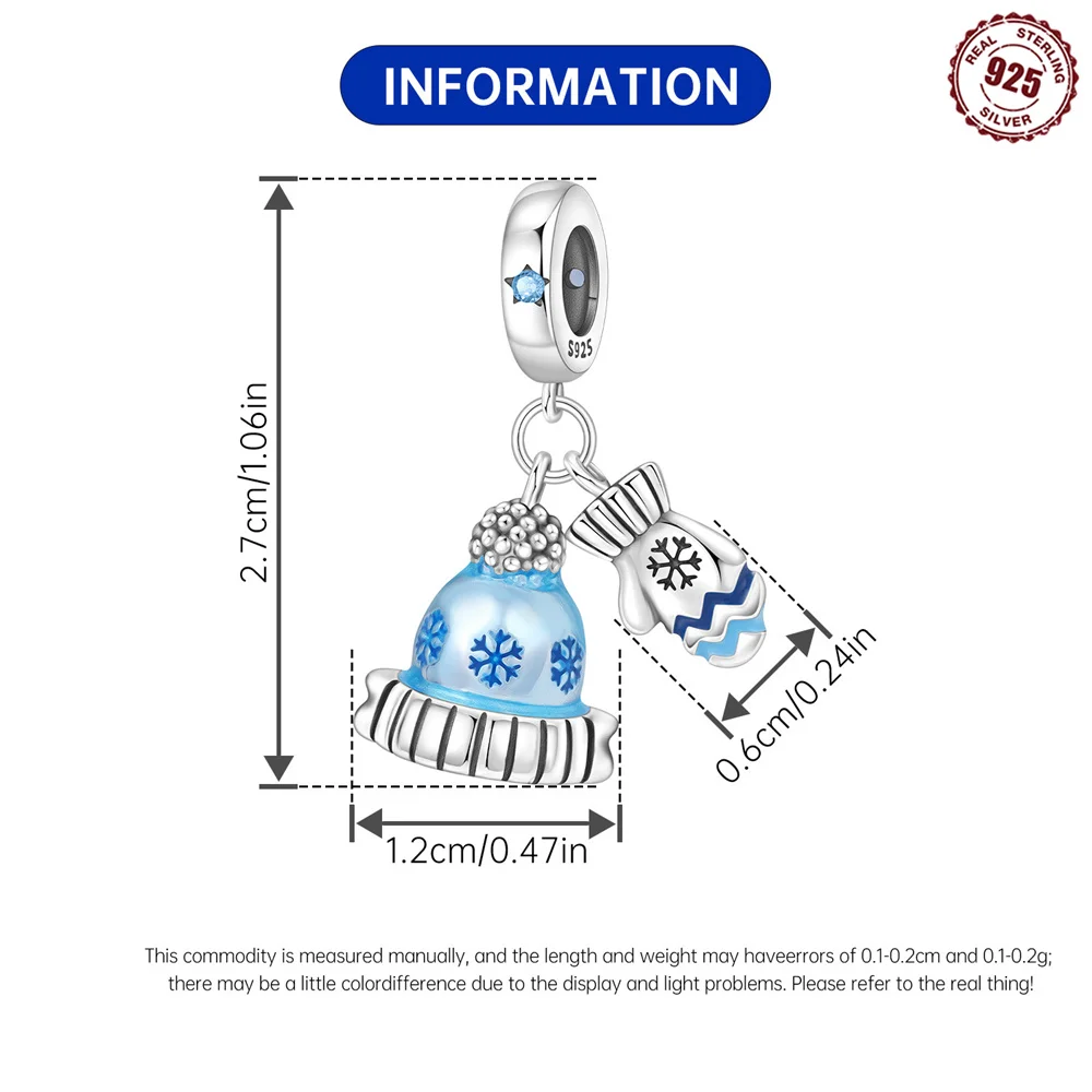 S925 Sterling Silver Winter Hat & Mitten Dangle Charm Blue Enamel Snowflake Bead Fit Bracelet Warmth Blessing Xmas Jewelry Gift