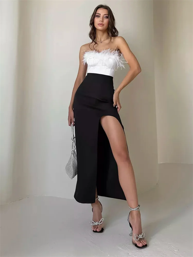 

Tossy Black Fashion Summer Long Skirt For Women High Waist Side Split Patchwork Solid Streetwear Ladies Sexy Y2k Maxi Skirt 2025