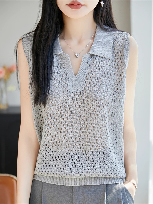 

French Style Loose Fit Pearl Linen Knitted Top Hollow out Sleeveless Thin Summer Women's T-Shirt Breathable Comfortable