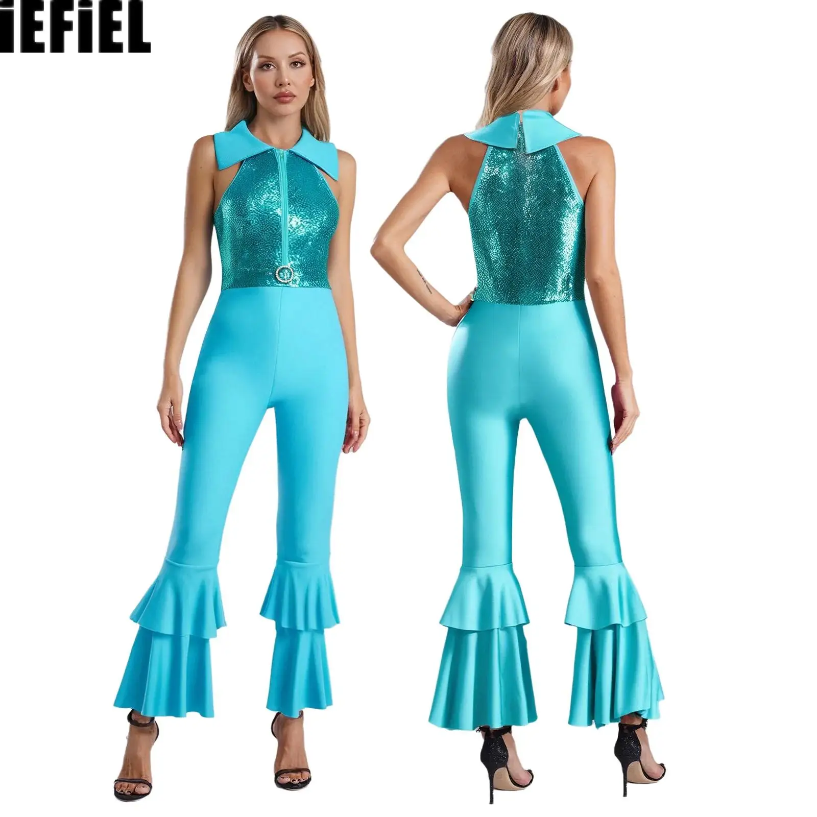 بدلة رقص نسائية لامعة ترتر بدون أكمام وسحاب حجر الراين على شكل حرف O من الأمام متدرج على شكل جرس سفلي لحفلة ديسكو