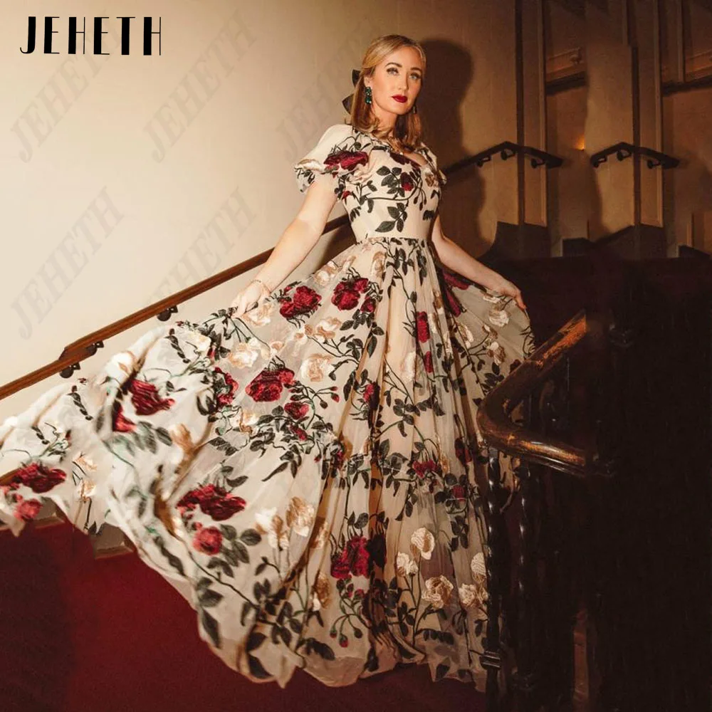 JEHETH Floral Puff Maniche Prom Dresses A-JEHETH abiti da ballo con maniche a sbuffo floreali a-line abito da festa in pizzo con ricamo lunghezza alla caviglia colletto quadrato abiti da cerimonia per occasioni formali