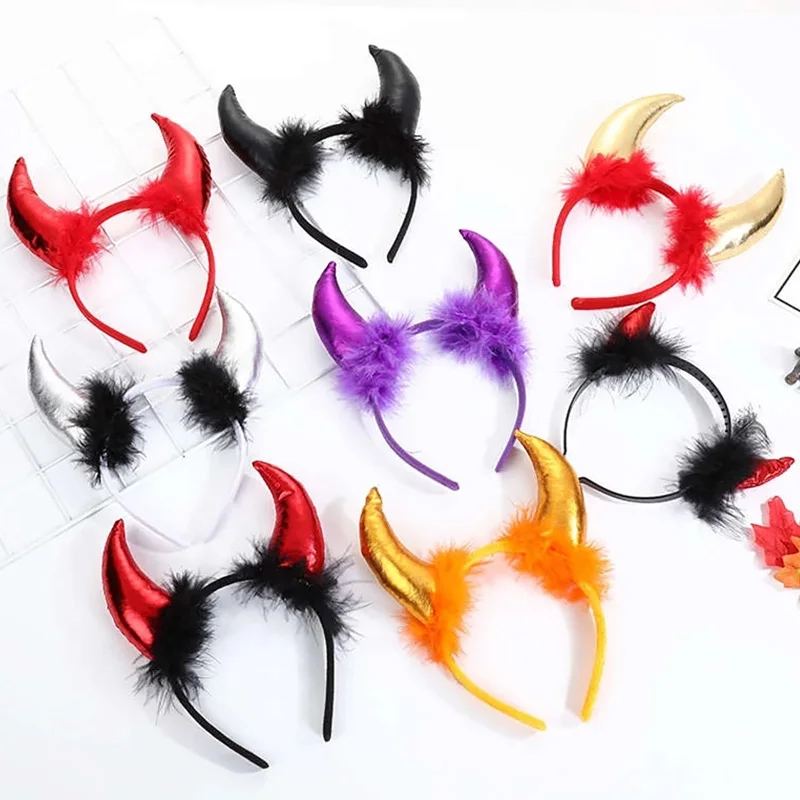 Halloween Plush Horn-shaped Hair Hoop Goth Black Red Ears Hairband Halloween Party Performance Masquerade Decoration Props