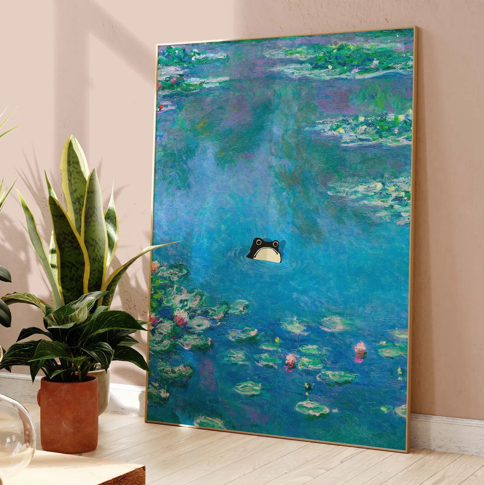 الضفدع غير المضغوط، طباعة ضفدع مونيه زنبق الماء، ملصق كلود مونيه الضفدع الغاضب، فن الضفدع، طباعة الضفدع المضحكة، ماتسوموتو هوجي الضفدع PS #2