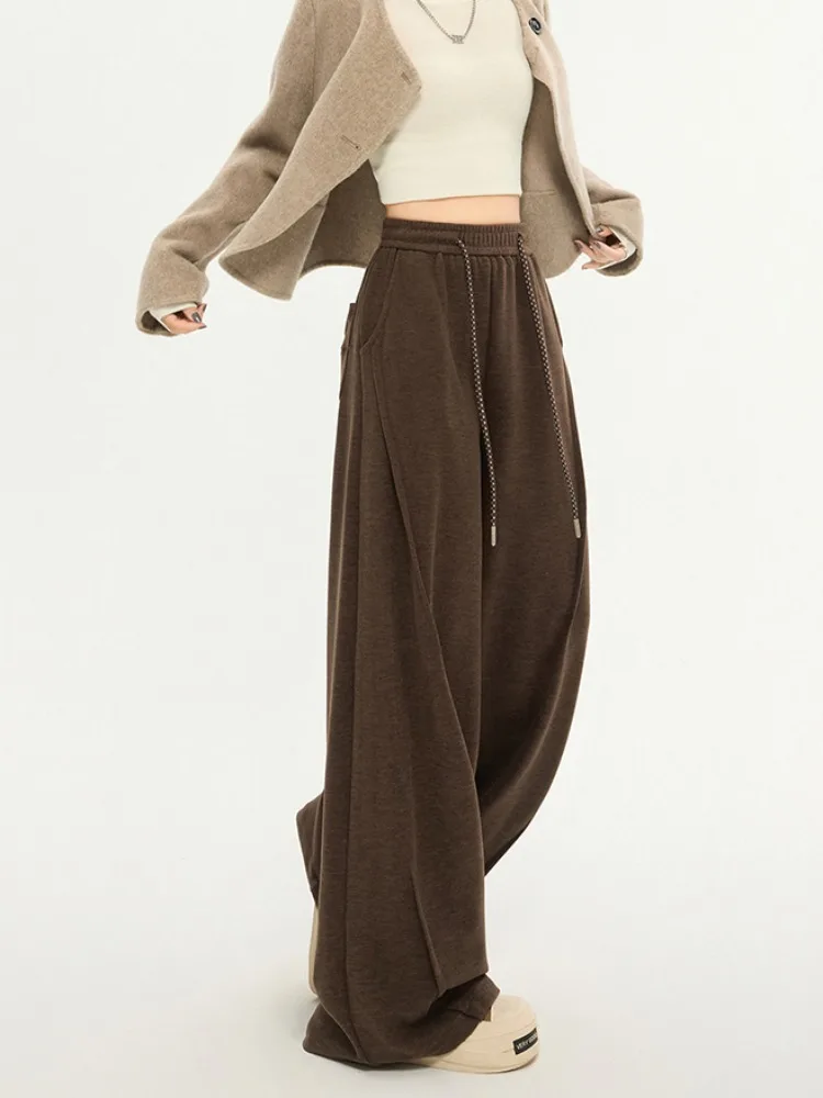 

Женские широкие брюки с начесом под карамельный флис, весенне-осенние, в американском повседневном стиле, свободного кроя, для отдыха, спортивные брюки-кюлоты