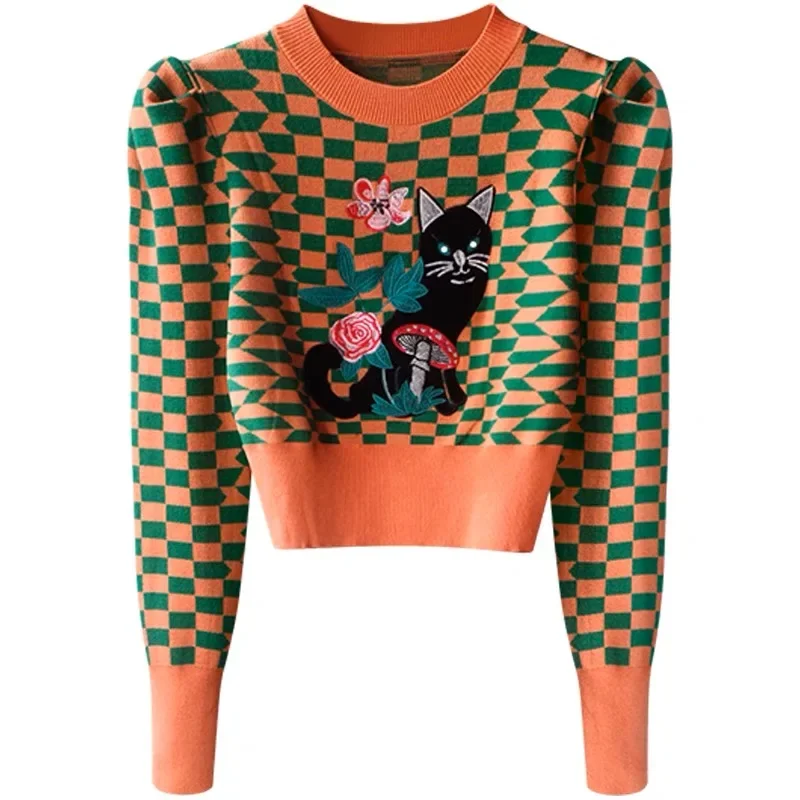 Pull en tricot à carreaux brodé chat de dessin animé pour femme, manches bouffantes, tricots à col rond, pull vintage, automne, hiver, 2023