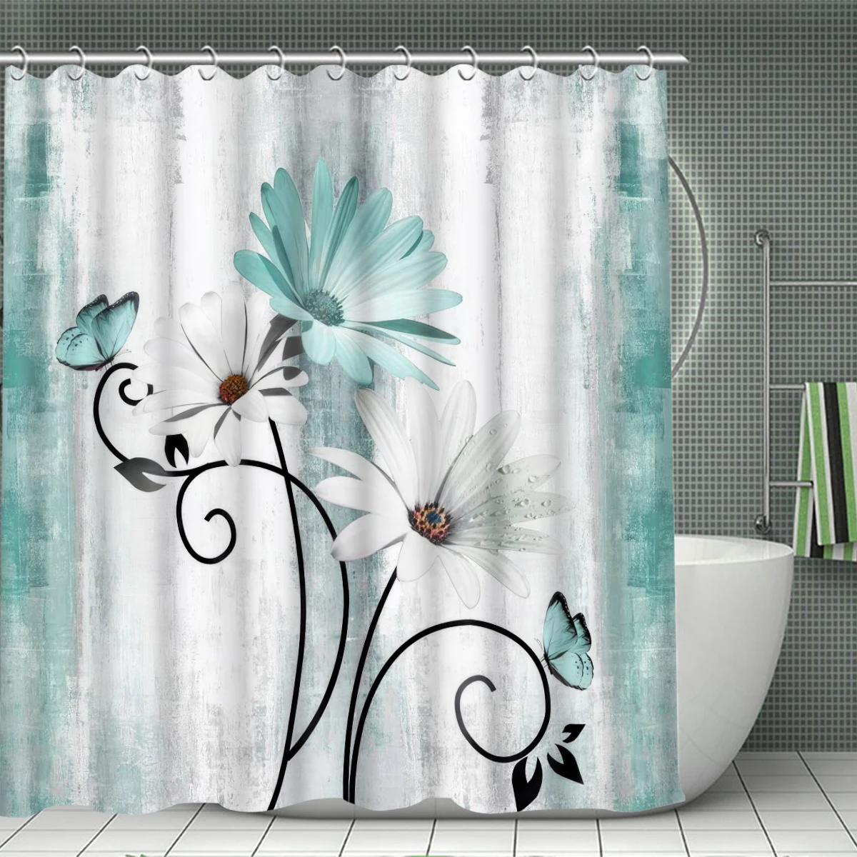 1/4 Piece Shower Curtain Set, Waterproof Bathroom Partition Curtain with Hooks, Anti-Slip Bath Rug, U Shape Mat, Toilet Seat Cov