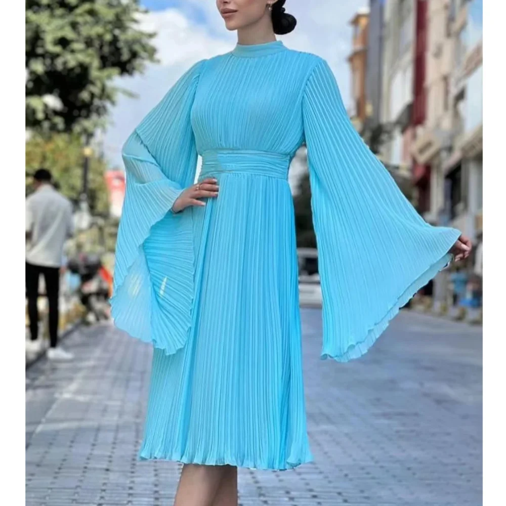 

Classy Long O Neck Chiffon Evening Dresses Full Sleeves A Line Pleated Tea Length Vestidos De Fiesta Elegantes Para Mujer Lujo