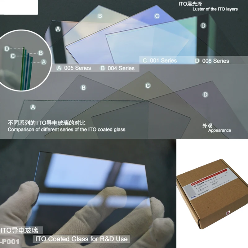 Лабораторное проводящее стекло ITO 100×100×1,1 мм, менее 10 Ом/кв., 12 штук в коробке