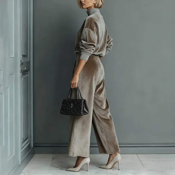 2026 Spring Summer New High-End Fashion Women's Knitted Long Sleeve Suit Commuter Wide-Leg Pants Two-Piece Set