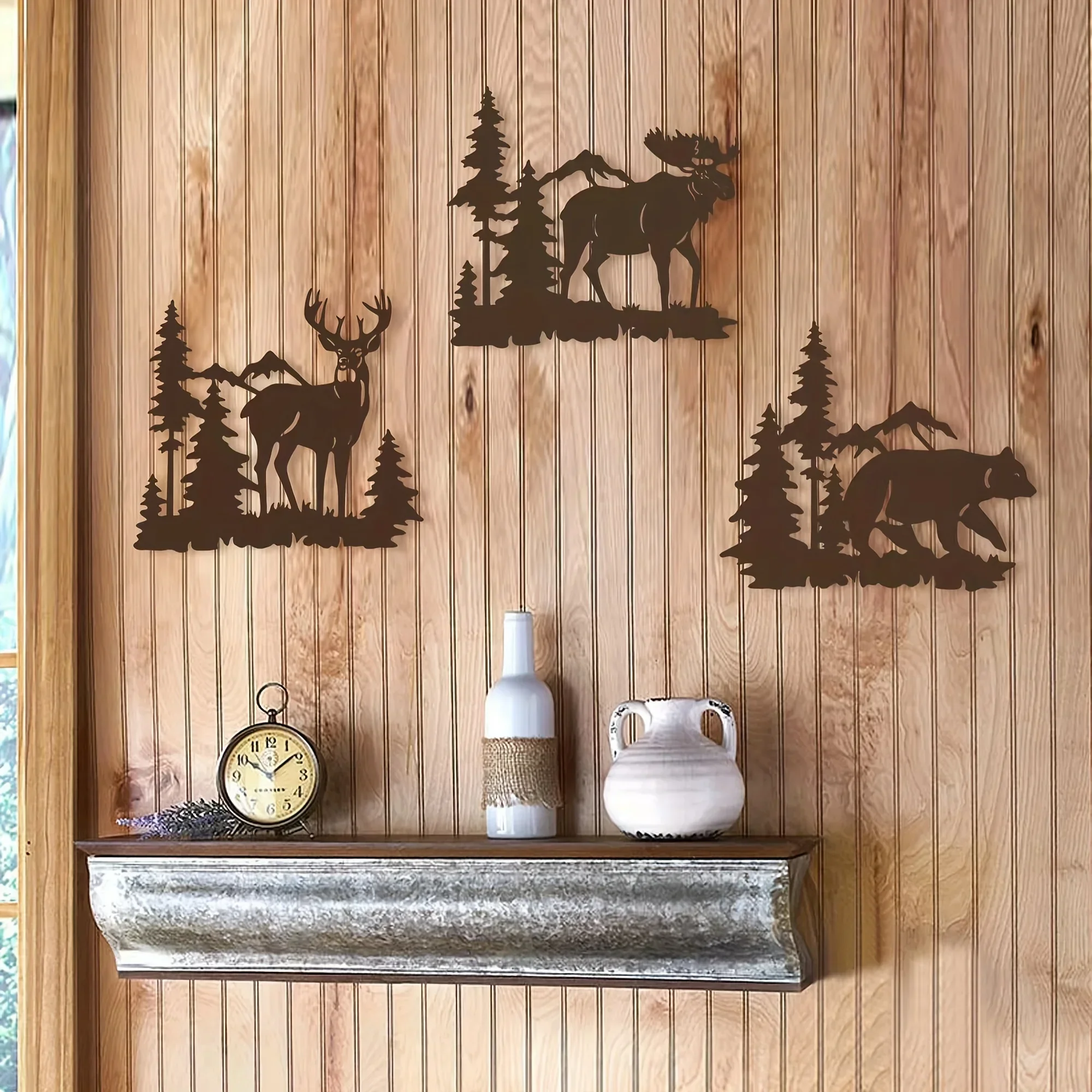 Metal Wall Art Decor Deer Bear Moose In The Forest Pine Tree, Set Of 3 Rustic Concise Decor Hanging Lodge, Cabin Wall Décor Gift